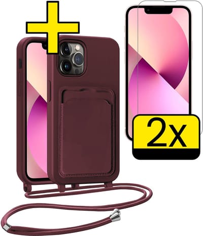 Hoesje Geschikt voor iPhone 13 Pro Telefoonhoesje Met Koord Case Pashouder Met 2x Screenprotector Siliconen - Hoes Geschikt voor iPhone 13 Pro Hoesje Met Kaarthouder - Aubergine