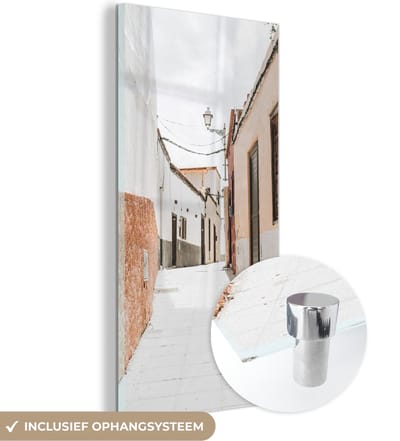 MuchoWow® Glasschilderij 60x120 cm - Schilderij acrylglas - Straat - Zomer - Zon - Foto op glas - Schilderijen