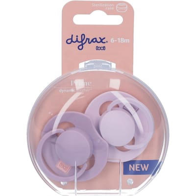 Difrax LOVI Fopspeen Dynamisch - Prime - 6 tot 18 Maanden - Lichtroze & Paars - 2 Stuks