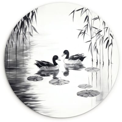 WallCircle® Wandcirkel 120x120 cm - Muurcirkel Eenden - Waterlelies - Riet - Zwart - Muurdecoratie woonkamer - Wanddecoratie slaapkamer - Kamer decoratie accessoires - Ronde schilderijen XXL