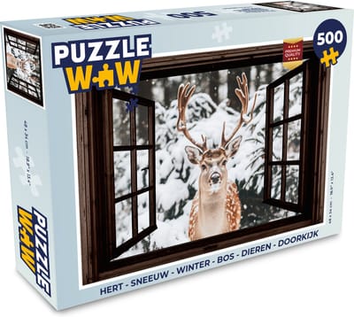 Puzzel Hert - Sneeuw - Winter - Bos - Dieren - Doorkijk - Legpuzzel - Puzzel 500 stukjes