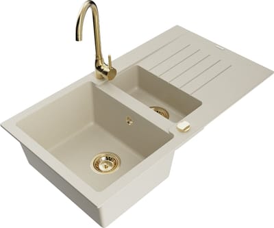 Mexen Matias granieten spoelbak 1,5-komp met afdruiprek en keukenmengkraan Telma, beige - 6502-69-670200-50