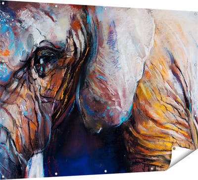 Gards Tuinposter Getekende Olifant van Dichtbij - Abstract - 160x120 cm - Tuindoek - Tuindecoratie - Wanddecoratie buiten - Tuinschilderij