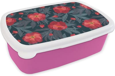 Broodtrommel Roze - Lunchbox - Brooddoos - Bloemen - Rood - Bladeren - Patronen - 18x12x6 cm - Kinderen - Meisje