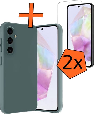 Hoes - Met 2x Screenprotector - Geschikt voor Samsung Galaxy A35 - Sterk & Shockproof - Back Cover - Siliconen Case - Telefoon Hoes - Donkergroen