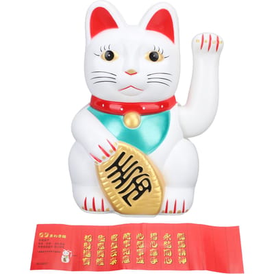 Chat porte-bonheur avec bras ondulant, 7 pouces, en plastique, à piles, accueillant la richesse blanc