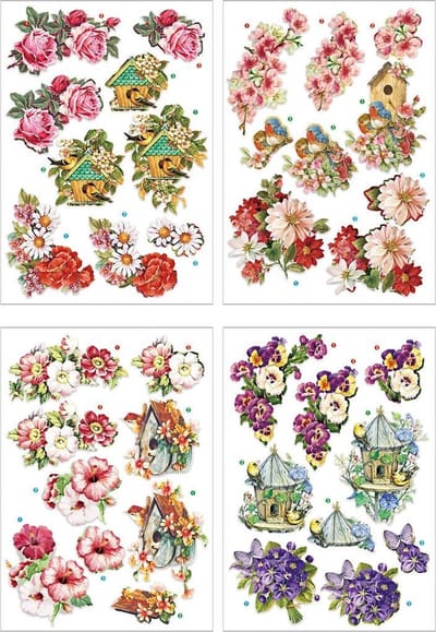 3D Vellen - Uitdrukvellen - Kaarten Maken - 3D Bloemen En Vogels - Knipvellen Voor 3D Kaarten - Creatieve Vellen - Papier Vellen - Uitdrukbare Vellen - Bloemen En Vogel Uitdrukvellen - 3D Decoratie Vellen- 21x30cm - 4 vellen