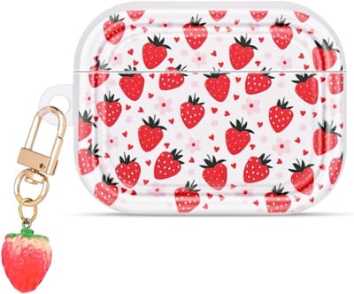 Beschermhoes voor AirPods Pro 3 met Sleutelhanger, TPU Hoes met Aardbeienpatroon, Schokbestendig, Antislip en Stofafstotend Design voor Vrouwen