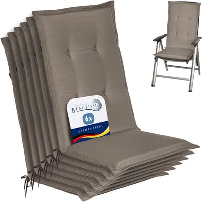 Beautissu Loft HL Stoelkussen Set 6x Hoge Rugleuning 120x50 cm Taupe – Tuinstoelkussen UV-bestendig