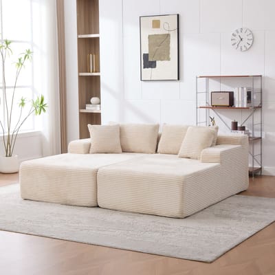 Modulaire compressiebank met chaise longue - Ivoorwit Chenille stof - Wolkachtig comfort - Gevuld met 30D hoog-elastisch schuim, antislipbodem, inclusief kussen - Geschikt voor woonkamer, slaapkamer en thuiskantoor