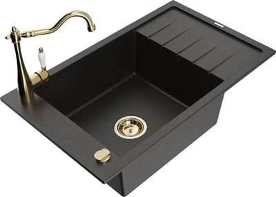 Mexen Elias granieten spoelbak 1-kompartment met druiprek en keukenmengkraan Carla, zwart/gouden metallic - 6511-75-670700-50