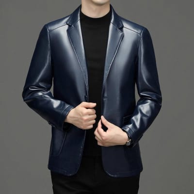 Lente en herfst heren leren jas dikke heren casual pak kraag leren jas jas leren pak XXXXXL donkerblauwe kleur