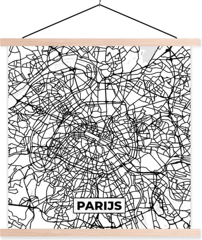 Posterhanger incl. Poster 40x40 cm - Schoolplaat - Stadskaart - Parijs - Zwart Wit - Plattegrond - Kaart - Textielposter - Blanke latten - Stadskaart