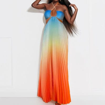 Lente Nieuwe Dameskleding, Sexy Kleurovergang Lange Rok, Elegante Halterjurk met Holle Hals XL