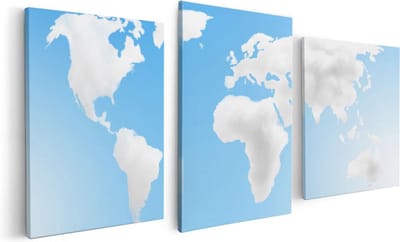 Artaza Canvas Schilderij Drieluik Wereldkaart Gemaakt Van Wolken - 120x60 - Foto Op Canvas - Canvas Print