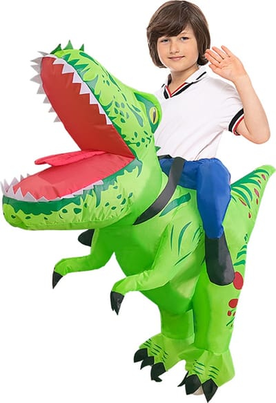 KIMU® Opblaas Kostuum Kinderen Rijdend op Velociraptor Groen - Maat 122 128 134 140 146 152 - Opblaasbaar Pak - Dinopak Mascotte Opblaaspak - Opblaasbare Dino Dinosaurus Festival
