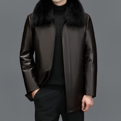 Winterdonsjack Grote Mat Heren Middellang Verdikt Schapenleer Leer Donsjack Leren Jas Leren Jas Middelbare Leeftijd en Ouderen 6XL black