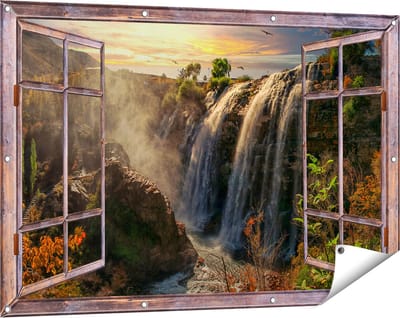 Gards Tuinposter Doorkijk Watervallen vanaf de Kliffen - 120x80 cm - Tuindoek - Tuindecoratie - Wanddecoratie buiten - Tuinschilderij