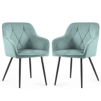 Set van 2 Eetkamerstoelen DIAMANTE met Armleuningen / Gestoffeerde Stoelen / Fluwelen Stoelen en Metalen Poten / Turkooizen kleur met zwarte benen