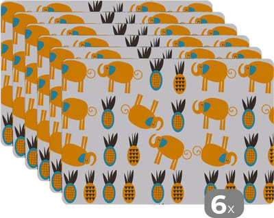 Placemat - Placemats kunststof - Olifant - Ananas - Geel - Patroon - 45x30 cm - 6 stuks - Hittebestendig - Anti-Slip - Onderlegger - Afneembaar