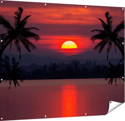 Gards Tuinposter Zonsondergang op het Strand met Palmbomen - 150x120 cm - Tuindoek - Tuindecoratie - Wanddecoratie buiten - Tuinschilderij