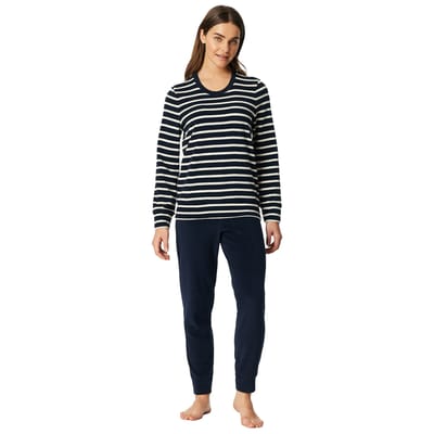 SCHIESSER dames Cotton Essentials Pyjama lang - dames pyjama set - nachtblauw gestreept