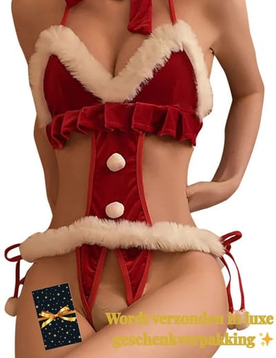 Sexy Kerst Lingerie Set – Rood Fluweel met Wit Bont – Verleidelijke Mrs. Santa Outfit – Erotisch Kostuum met Strik en Pompons – Dare to Undress – One Size