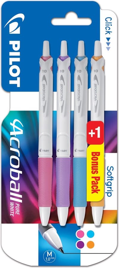 Pilot balpen Acroball Pure White | blister van 3 + 1 gratis | in vrolijke kleuren
