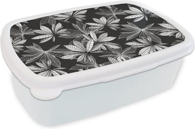 Broodtrommel Wit - Lunchbox - Brooddoos - Zwart - Wit - Patronen - Bladeren - Natuur - 18x12x6 cm - Volwassenen