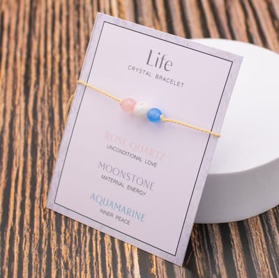 Bixorp "Life" Cadeau Armband - Leven - Edelsteen Armbandje op kaartje - Rozenkwarts, Maansteen & Aquamarijn