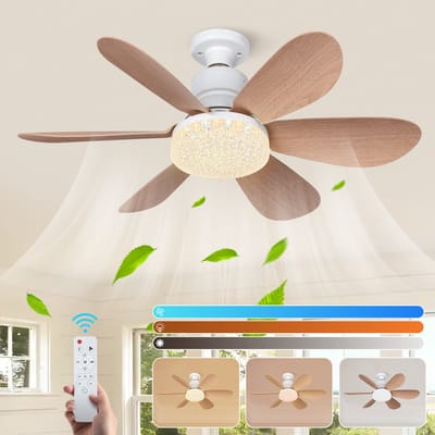 Rosnek E27 Socket Fan Houtlook - 2000LM Inschroefbare Plafondventilator met Verlichting - Plafondlamp met Ventilator Dimbaar - Slaapmodus - Keuken