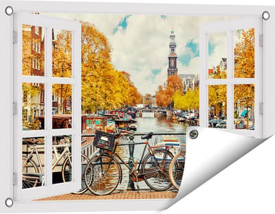 Gards Tuinposter Doorkijk Amsterdamse Brug bij een Brug met Fietsen - 60x40 cm - Tuindoek - Tuindecoratie - Wanddecoratie buiten - Tuinschilderij