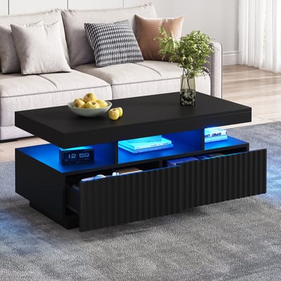 HAUSS SPOLE Salontafel - Koffietafel Met Verticale Ribbels En 2 Lades - LED App-Verlichting - Voor Woonkamer - Spaanplaat - 100x50x45 cm - Zwart