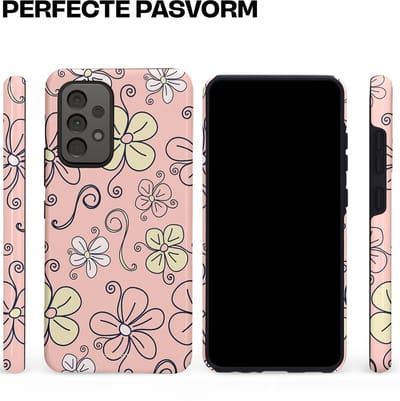 Casetastic hoesje geschikt voor Samsung Galaxy A52 (2021) 5G / Samsung Galaxy A52 (2021) 4G - Dubbellaagse bescherming - Pastel Perzik Doodle Peach Bloemen - Fashion Case - Zand Zilver Lichtroze
