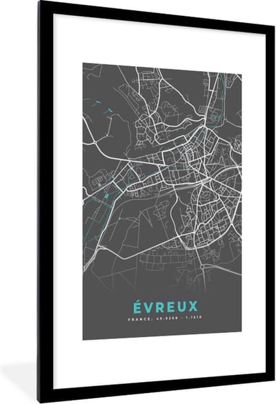 Fotolijst incl. Poster - Évreux - Plattegrond - Kaart - Stadskaart - Frankrijk - 80x120 cm - Posterlijst