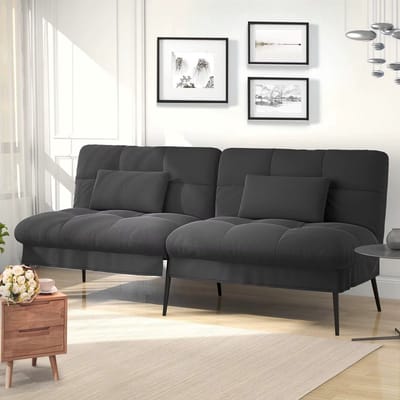 Futon Slaapbank 3-Zits – Uitklapbare Slaapbank / Sofa Sleeper – Verstelbare Rugleuning – Stoffen Bank – Geschikt als Hoekbank en Gastenbed - 174x102x42 cm - Donkergrijs/Zwart