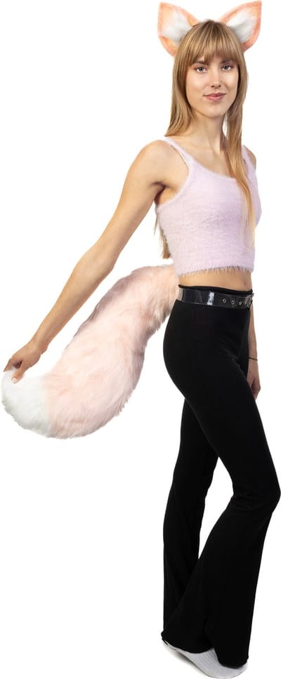 KIMU® Haarband Furry Oren & Staart Set Lichtroze Wit - Kat Poes Vos Diadeem Dons Dieren Roze - Dierenoren Oortjes Vilt Lynx Hond Wolf Haren Festival
