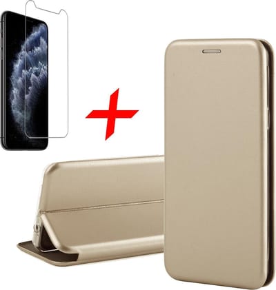 Hoesje geschikt voor iPhone 11 pro max - book case cover Kunstleer wallet goud + Screenprotector glas tempered glass screen protector