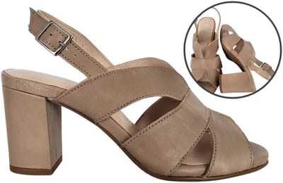 Stravers- Elegante Sandaal Taupe Met Blokhak Maat 42 Grote Maten Taupe Leer