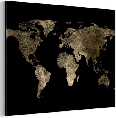 Aluminium schilderij 120x90 cm - Wanddecoratie metaal - Wereldkaart - Goud - Zwart - Aarde - Luxe - Metalen muurdecoratie woonkamer - Decoratie industrieel - Foto op dibond - Industriële accessoires slaapkamer