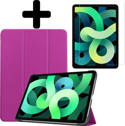 Hoes - Geschikt voor Apple iPad Air 5 (2022) - 10.9 inch - 5e Generatie - M1 - Met Screenprotector - Trifold Bookcase - Hard Cover - Hardcover Book Case - Tablet Hoesje - Paars