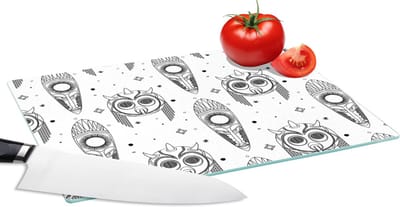 Glazen Snijplank - 28x20 - Maya - Maskers - Zwart-Wit - Patroon - Snijplanken Glas