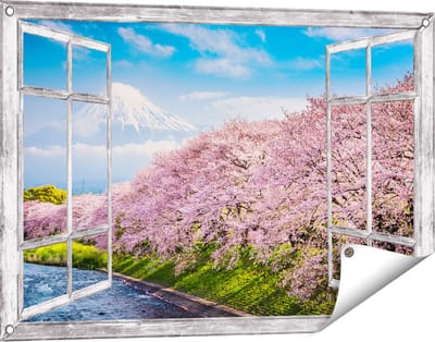 Gards Tuinposter Doorkijk Roze Bloesembomen bij de Fuji Berg - 90x60 cm - Tuindoek - Tuindecoratie - Wanddecoratie buiten - Tuinschilderij