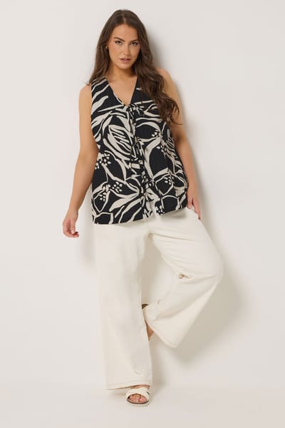 Yours Zwarte Top Met Bloemenprint En Strik Aan De Voorkant Size 42