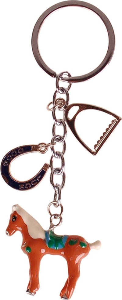 Sleutelhanger/Tashanger - Paard & Stijgbeugel & Hoefijzer - Emaille Bruin&Groen - Zilverkleurig - 4x3,5cm