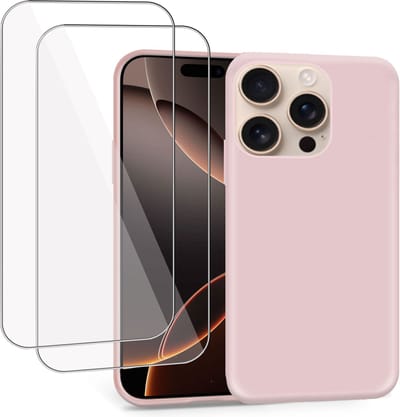 Geschikt voor Apple iPhone 16 Pro - Hoesje + 2x Screenprotector – Gehard Glas Cover - Suède Case Rose