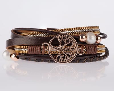 Armband Dames Bruin– Bruine Leren Wikkelarmband Dames – Rosegouden Armband Dames – Levensboom Armband – Bohemian Dames Armband – Galeara Design® – 18.5CM