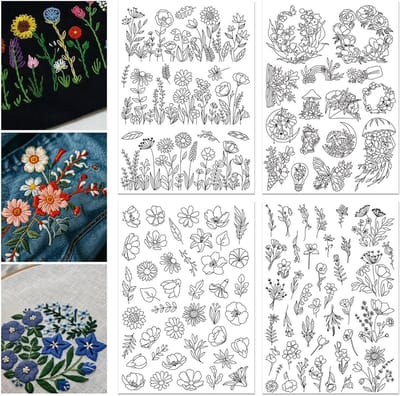 ORIGACH 4 Sheets 105 Pcs Water Soluble Embroidery Stabilizers with Pre-Printed Flowers, Blooming Shrubs and Leaves - ShopVlot