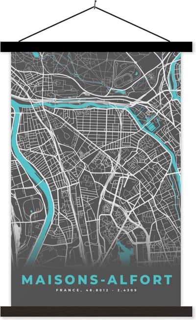 Posterhanger incl. Poster 40x60 cm - Schoolplaat - Maisons-Alfort - Frankrijk - Plattegrond - Kaart - Stadskaart - Textielposter - Zwarte latten - Stadskaart