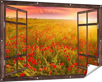 Gards Tuinposter Doorkijk Rode Klaproos Bloemenveld - Zonsondergang - 150x100 cm - Tuindoek - Tuindecoratie - Wanddecoratie buiten - Tuinschilderij